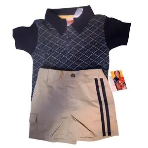 Vintage McKids Baby Boy Navy Diamond Polo Bodysuit and Khaki Cargo Short Set 12M